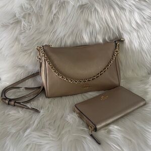 Retired Set!! Coach Champagne Shimmer Gold Carrie Crossbody & Zip Around Wallet